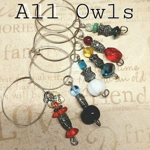 Wine Charms "All Owls" 1" real Silver hoop & stem. Hand crafted set of 6.